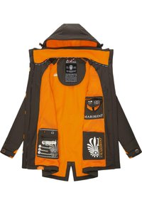 Brown jacket with an orange lining, featuring multiple interior pockets, a hood, and branded labels. Textured fabric and sturdy hardware visible.