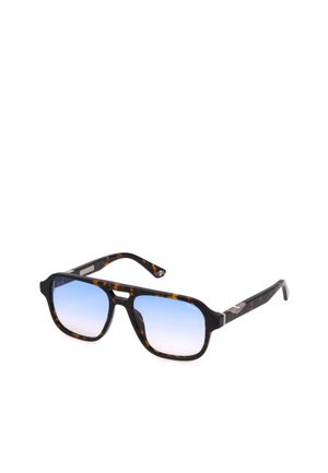 Lunettes de soleil carrées avec montures en écaille de tortue et verres dégradés bleus sur fond blanc.