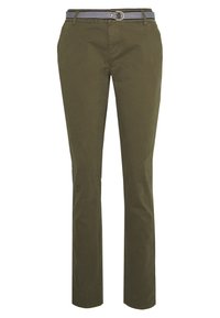 Pantalon vert olive à coupe droite, en coton, avec une ceinture en tissu rayé et une boucle en métal. Texture lisse sans motifs.