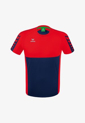 Red and navy athletic T-shirt with short sleeves, featuring logo on the chest and a patterned design on the sleeves.