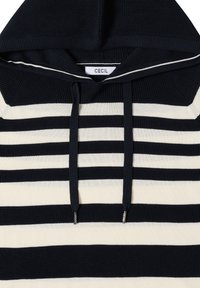 Sweat à capuche en maille à rayures bleu marine et blanches avec cordons de serrage et une étiquette indiquant "CECIL" à l'intérieur du col.