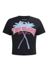 Black cropped t-shirt made of cotton, featuring "True Religion" logo in pink with white and blue spray paint palm tree accents.
