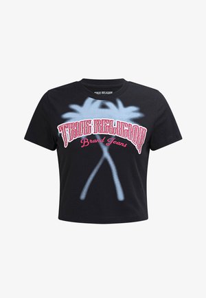 Schwarzes, kurzes T-Shirt aus Baumwolle, mit dem "True Religion"-Logo in Pink und weißen sowie blauen Sprühfarbenelementen von Palmen.