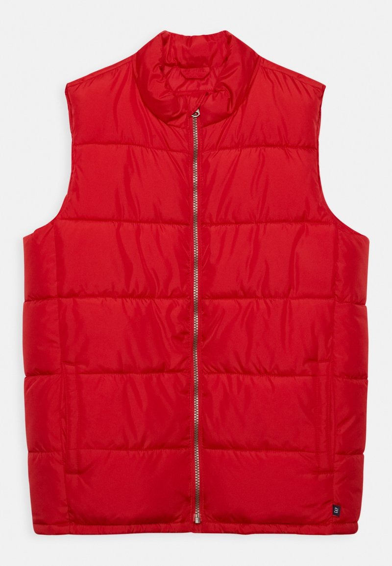 Rote Pufferweste mit hohem Kragen, Frontreißverschluss und horizontalem Steppmuster. Leicht, glatte Textur und ärmelloses Design.