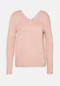 Helles rosa Sweatshirt mit V-Ausschnitt, Spitzenverzierungen am Kragen, langen Ärmeln und weichem, texturiertem Stoff.