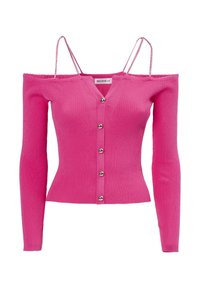 Cardigan rosa a coste con design off-the-shoulder, maniche lunghe, cinque bottoni metallici e delicate bretelle. Tessuto a maglia morbida.