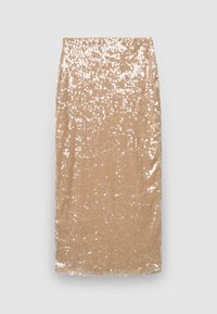 Beige Rock mit Paillettenbesatz, figurbetontem Schnitt, glatter Textur und durchgehend funkelndem Design.