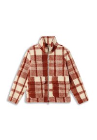Red and cream checkered fleece jacket with a high collar, two front pockets, and a zip closure. Soft texture and boxy shape.