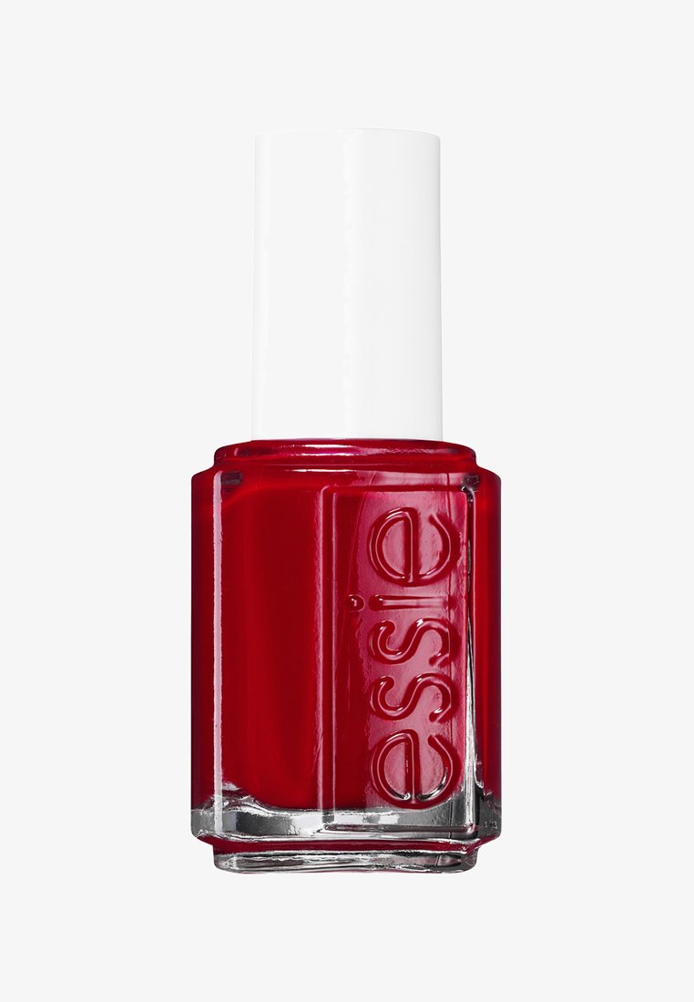 Smalto rosso in una bottiglia di vetro trasparente con base quadrata e tappo bianco liscio, con branding sul lato.