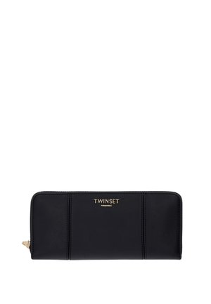 Portafoglio nero con zip su tutto il perimetro, cuciture verticali, cursore della zip color oro e logo del marchio "TWINSET" in lettere dorate al centro davanti.