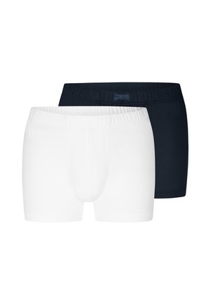 Zwei Paar Herrenboxershorts in Schwarz und Weiß mit elastischen Bund, dargestellt auf weißem Hintergrund.