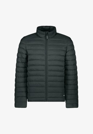 Zwarte gewatteerde pufferjas met horizontale stiksels, een ritssluiting aan de voorkant en een opstaande kraag, weergegeven op een witte achtergrond.