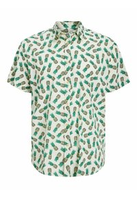 Krótki rękaw, biała koszula na guziki z nadrukiem ananasów w zielone i żółte wzory.