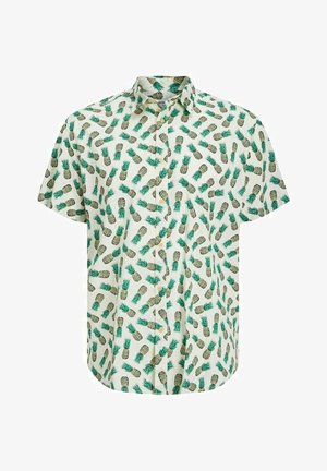 Kortærmet, knaplukket hvid skjorte med et gennemgående grønt og gult ananasprint.