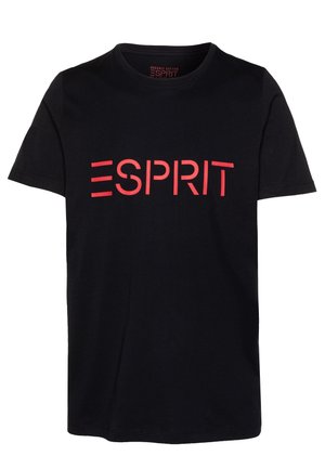 Czarna koszulka z krótkim rękawem z czerwonym stylizowanym logo ESPRIT nadrukowanym na piersi, okrągły dekolt, wykonana z bawełny organicznej.
