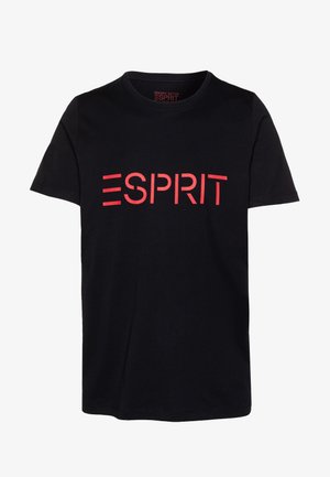 Sort T-shirt med korte ærmer og rødt, stiliseret ESPRIT-logo trykt over brystet, rund halsudskæring, lavet af økologisk bomuld.
