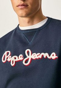 Joven vestido con una sudadera azul marino con el logotipo bordado en blanco y rojo de "Pepe Jeans" en el pecho.