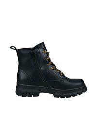 Schwarze Leder-Ankle-Boots mit einem seitlichen Reißverschluss, goldakzentuierten Schnürsenkeln, einer dicken Sohle mit tiefen Profilierungen und einer Zuglasche hinten.