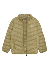 Lätt olivgrön puffjacka med hög krage, diagonalt quiltat mönster, dragkedjestängning och två sidofickor.