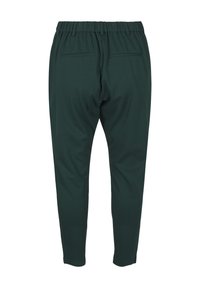 Green, stretchy jogger pants with a gathered waistband, two back pockets, and tapered legs for a fitted silhouette. Smooth texture.