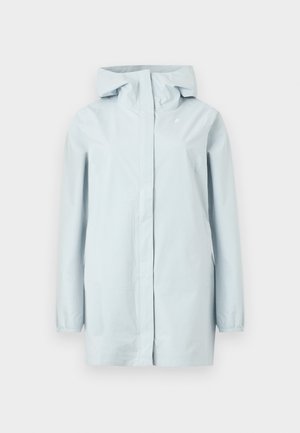 Impermeabile azzurro chiaro con cappuccio, realizzato in materiale liscio e resistente all'acqua, dotato di polsini elastici e zip frontale.