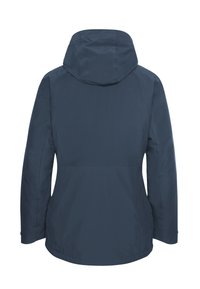 Veste imperméable bleu marine avec capuche, présentant une texture lisse, une coupe droite et sans fermetures ni motifs visibles.