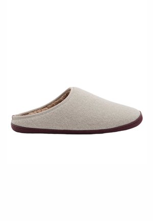 Grijze wollen slipper met een ronde neus, zachte binnenvoering en een bordeauxrode zool. Het ontwerp is naadloos met een laag uitgesneden silhouet.