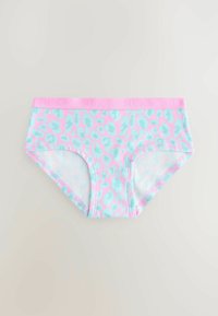Mutande azzurre chiare con stampa leopardata rosa e una fascia elastica coordinata. Tessuto morbido con una vestibilità aderente, caratterizzato da bordi cuciti.