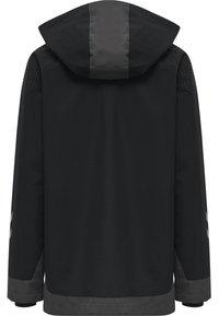 Veste noire avec une capuche, présentant un accent gris à l'arrière et des panneaux d'épaule texturés ; manches longues avec des poignets ajustables.