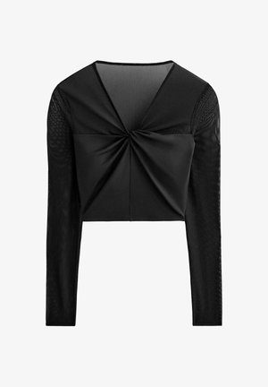Čierny orezaný top s dlhými sieťovanými rukávmi, ktorý má detail s prekríženým predným dielom a hladkú látku. Materiál pôsobí mäkko a jemne štruktúrovane.