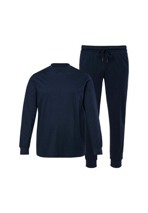 Námořnická modrá mikina s dlouhým rukávem a odpovídající tepláky s elastickým pasem a šňůrkou na bílém pozadí.