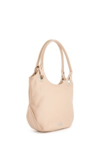 Lichtbeige leren handtas met een gestructureerd oppervlak, ronde vorm, dubbele handvatten en metalen accenten bij de bevestigingspunten.