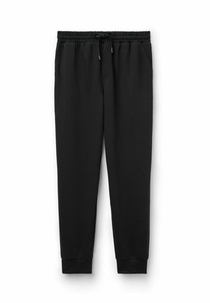 Pantalones de chándal negros hechos de material suave y elástico. Cuentan con una cinturilla elástica con cordón, bolsillos laterales y puños ajustados.