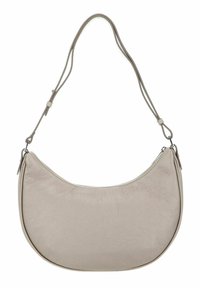 Borsa a spalla in pelle color osso con forma arrotondata, texture liscia e una tracolla sottile e regolabile. Chiusura a zip nella parte superiore.
