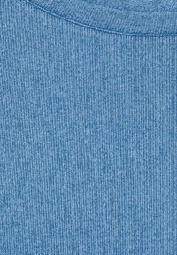 Tessuto a coste blu chiaro con una texture morbida, linee verticali uniformi e scollo a girocollo. Adatto per un abbigliamento casual.