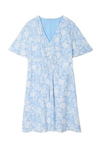 Blaues Blumen-Kleid mit V-Ausschnitt, kurzen Ärmeln und geraffter Taille. Der Stoff zeigt ein weißes Blumenmuster auf einem hellblauen Hintergrund.