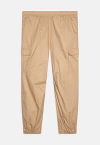 Beige cargo hlače od laganog materijala. Imaju elastičnu traku u struku i bočne džepove s preklopima. Opušteni kroj, skupljeni rubovi.