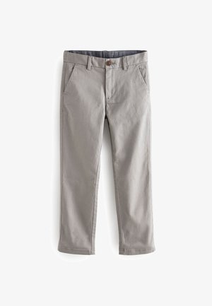 Graue Baumwollhose mit Knopfverschluss, zwei Vordertaschen, glatter Textur und einem lässigen Design, das für verschiedene Anlässe geeignet ist.