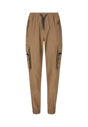 Braune Cargo-Jogginghosen mit elastischem Bund und Bündchen, ausgestattet mit mehreren Reißverschluss- und Klappentaschen vorne und an den Seiten.
