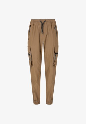 Brune cargo joggebukser med elastisk talje og manchetter, der har flere lynlåslommer og klaplommer foran og på siderne.