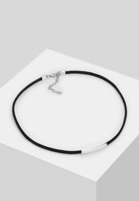 Black fabric choker necklace featuring a silver metal accent. The design includes a chain clasp for adjustable length.