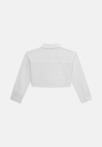 Weißes, tailliertes Langarmshirt mit Knopfmanschetten und klassischem Kragen, von hinten auf einem schlichten hellen Hintergrund gezeigt.