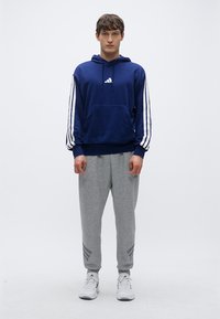 Tengerészkék kapucnis pulóver fehér csíkokkal, első zsebbel és logóval; szürke melegítőnadrággal, díszítő csíkokkal és fehér sportcipővel párosítva.