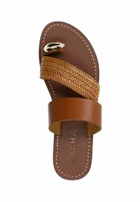 Brown leather slide sandal featuring a braided strap and a metallic accent. The insole is textured with contrasting stitching.