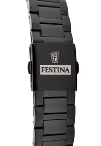 Juodas metalinis laikrodis su stačiakampiu ciferblatu, turintis sidabrinį „Festina“ logotipą, be siūlių apyrankę ir lygų matinį paviršių.