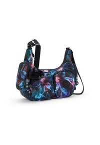 Multicolored shoulder bag made of nylon, featuring floral patterns in blue and purple. Includes two zippered pockets and a plush charm.