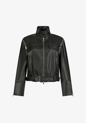 Must nahast mootorratturite jakk kõrge kaelusega, esikinnise, trukiga taskute, tõmblukkudega varrukate ja reguleeritava vööga vöökohal.