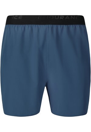 Donkerblauwe sportshorts met een zwarte elastische tailleband waarop subtiele tekst "ENDURANCE" staat, weergegeven van voren.