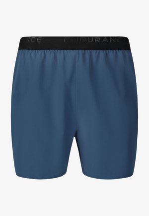Donkerblauwe sportshorts met een zwarte elastische tailleband waarop subtiele tekst "ENDURANCE" staat, weergegeven van voren.