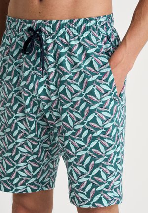 Shorts de bain pour hommes en teal avec un motif de poissons. Taille élastique avec cordon de serrage, poches latérales et texture de tissu légère et respirante.